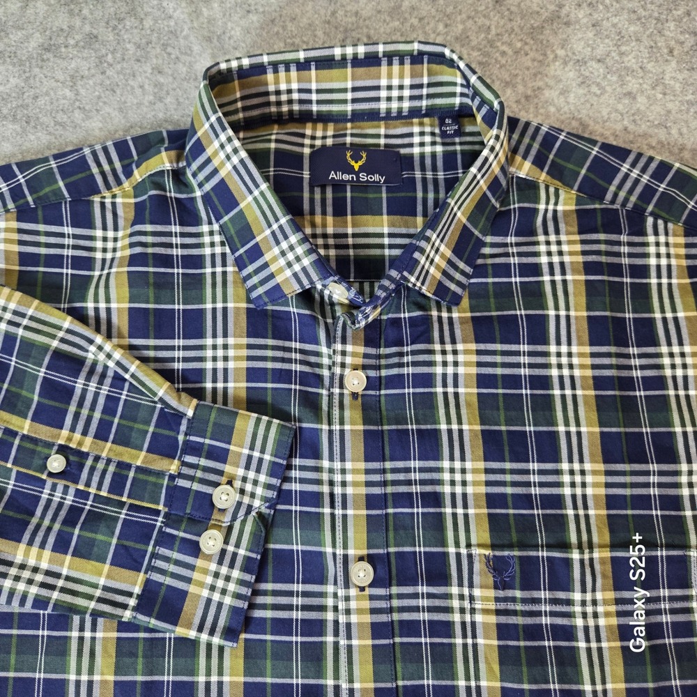 Allen Solly Mens Classic Fit Plaid Button Down Shirt Navy Blue Green Size 42